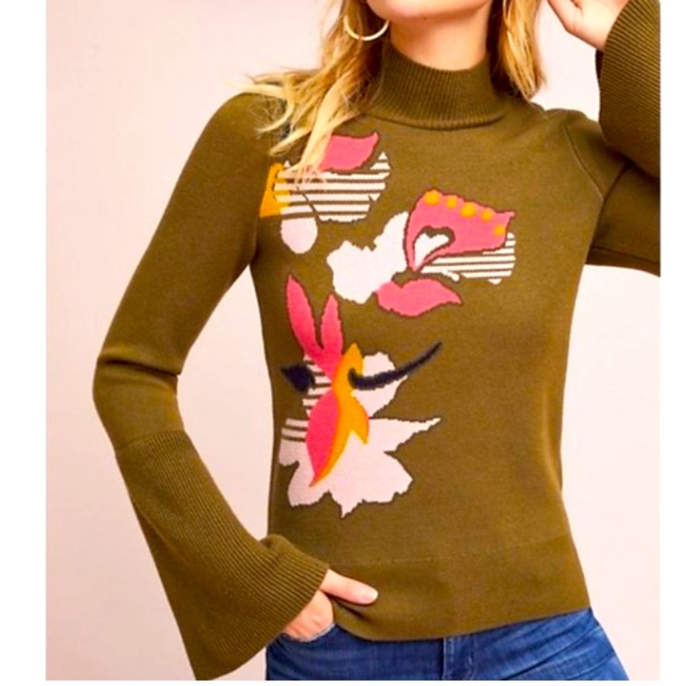 Anthropologie Knitted & Knotted Green Lileas Floral Sweater